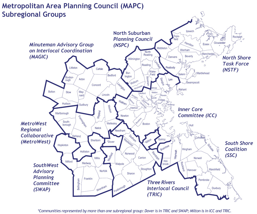 This map shows the MAPC Subregional Groups that are located within the Boston Region Region: North Shore Task Force, North Suburban Planning Council, Minuteman Advisory Group on Interlocal Coordination, MetroWest Regional Collaborative, SouthWest Advisory Planning Committee, Three Rivers Interlocal Council, South Shore Coalition, and Inner Core Committee. 
